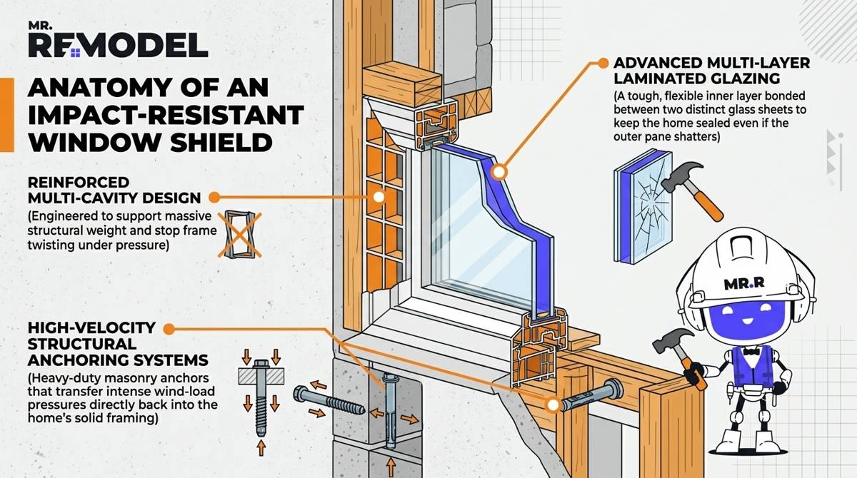 A technical installation infographic detailing the multi-cavity framing, laminated impact glazing layers, and structural masonry anchors required to meet strict coastal building codes.